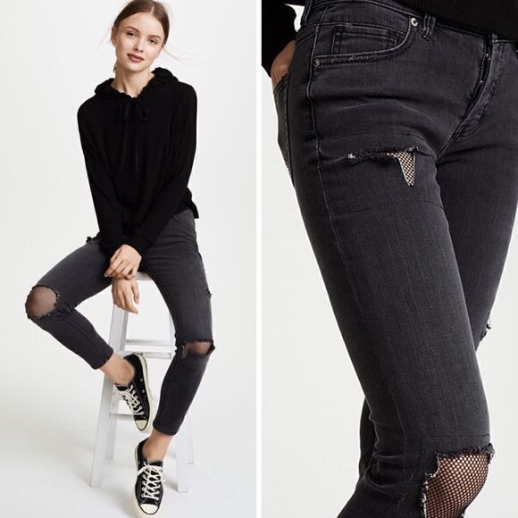 Free People Fishnet Patch Skinny Jean Button Fly Washed Out Black - Picture 9 of 15